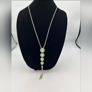 Vtg. Charming Charlie Silver Tone Mesh Chain Green Beads W/Rhinestone Necklace